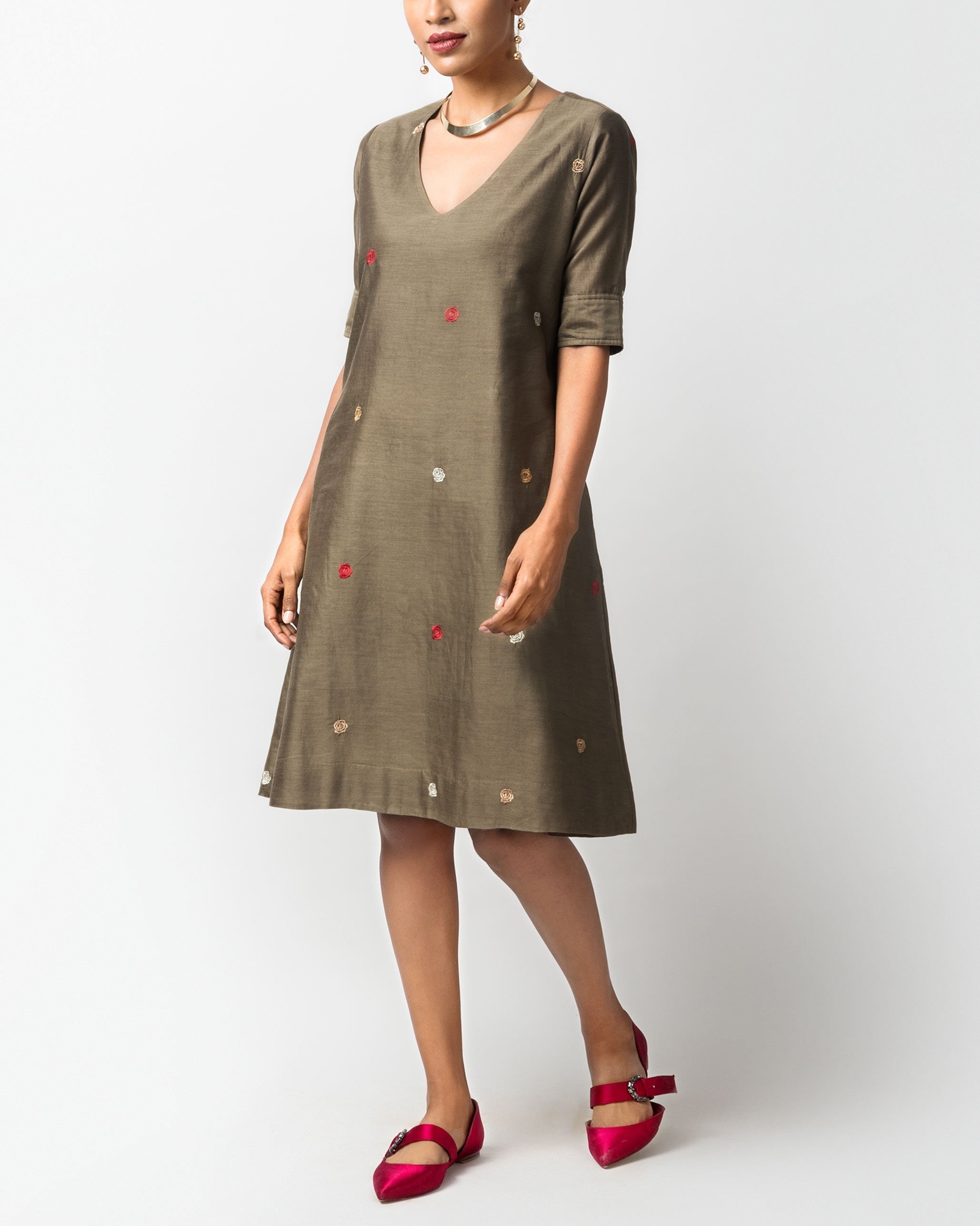 V-Neck Shift Dress - Olive