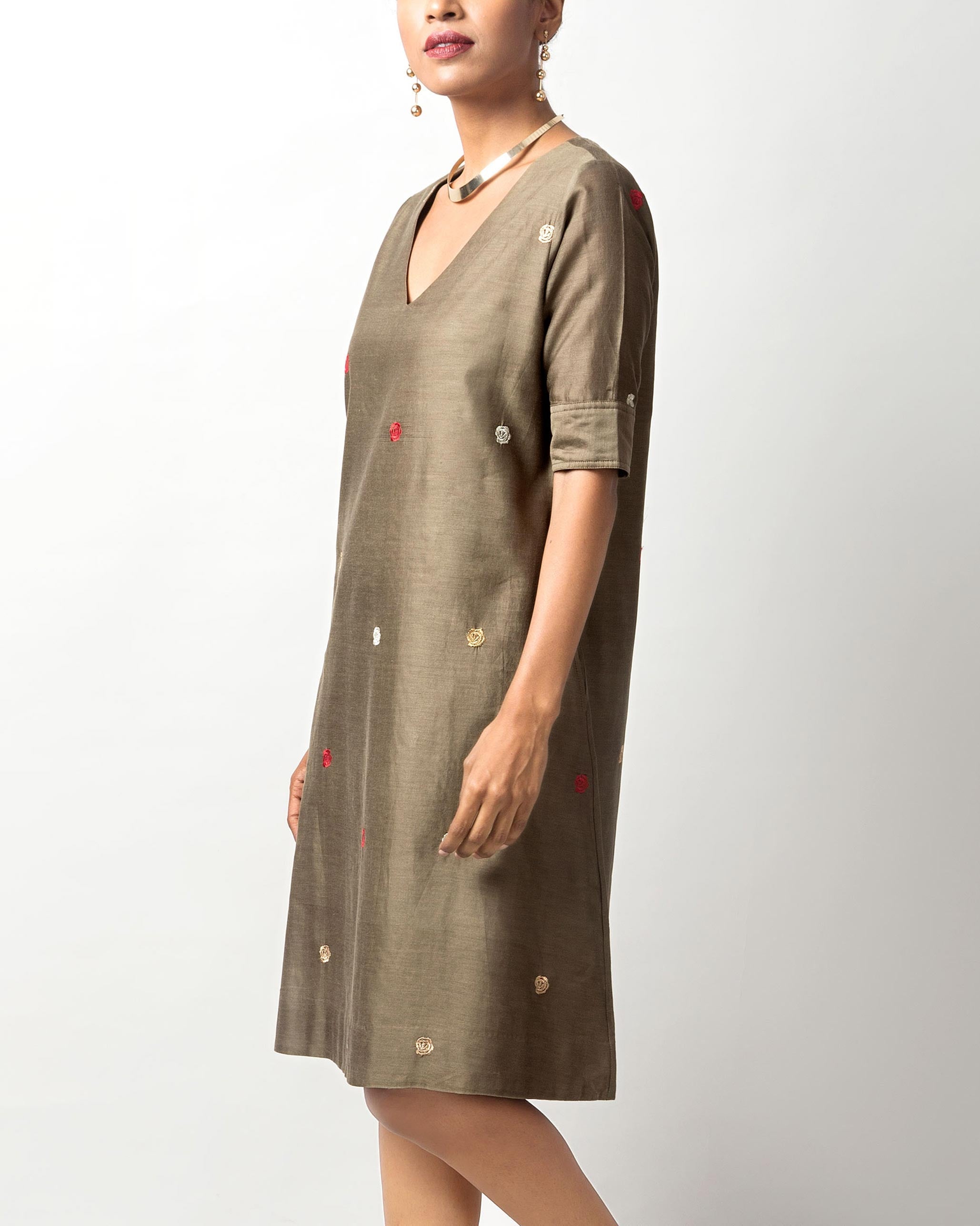 V-Neck Shift Dress - Olive