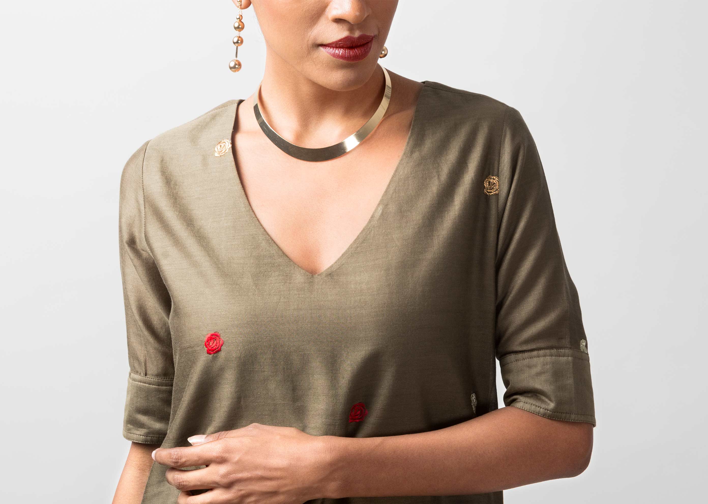V-Neck Shift Dress - Olive