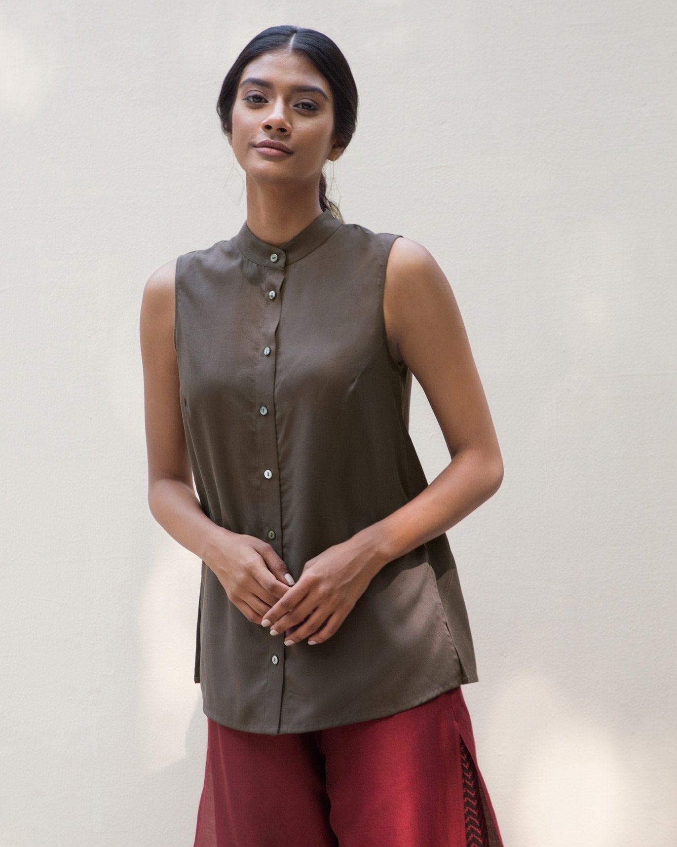 Sleeveless Band Collar Top - Charcoal