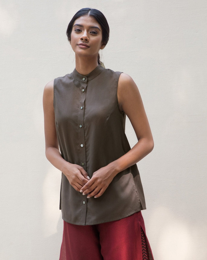 Sleeveless Band Collar Top - Charcoal