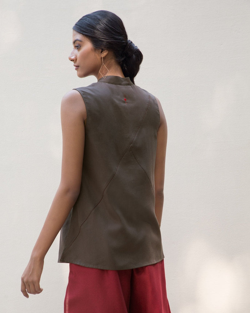 Sleeveless Band Collar Top - Charcoal