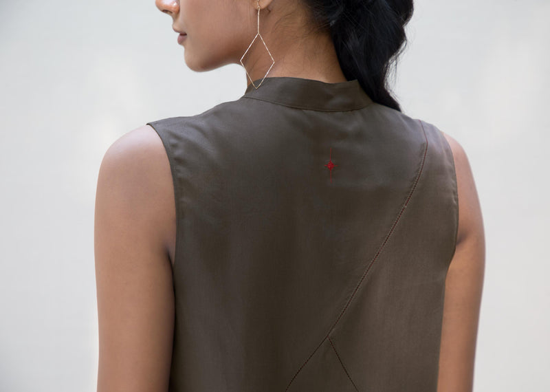 Sleeveless Band Collar Top - Charcoal