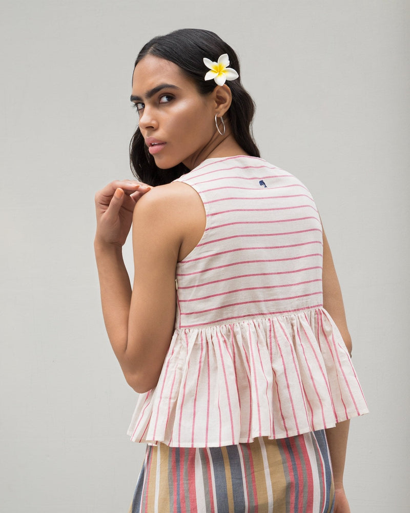 Twisted Sleeveless Stripe Top - Red