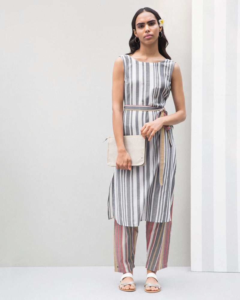 V-Neck Stripe Kurta with Belt - Blue