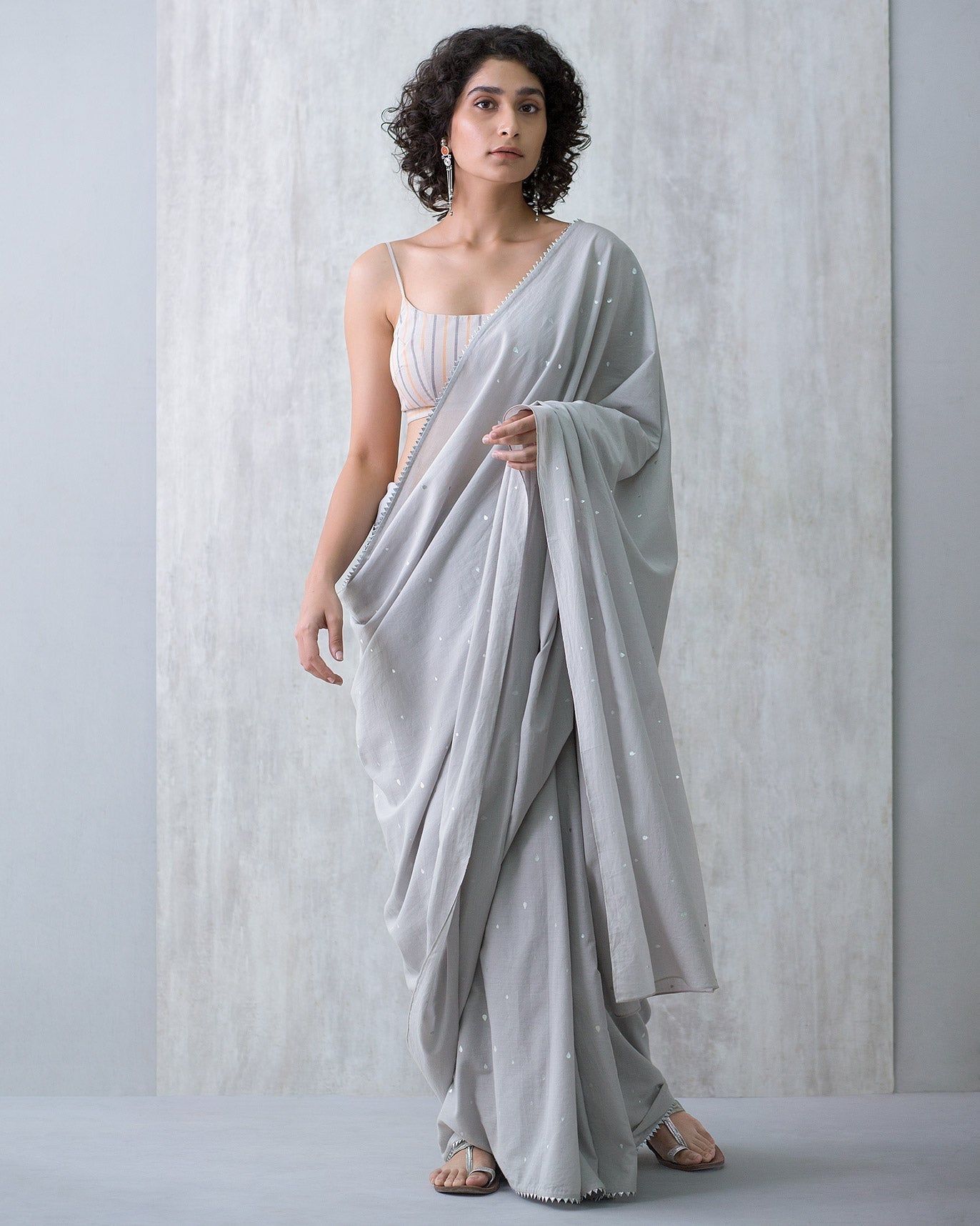 Teardrop Cotton Sari - Grey