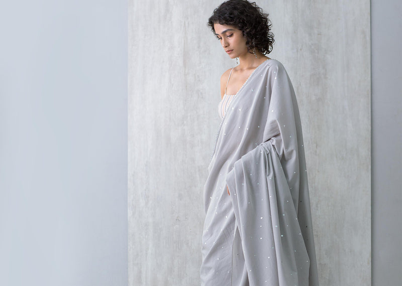 Teardrop Cotton Sari - Grey