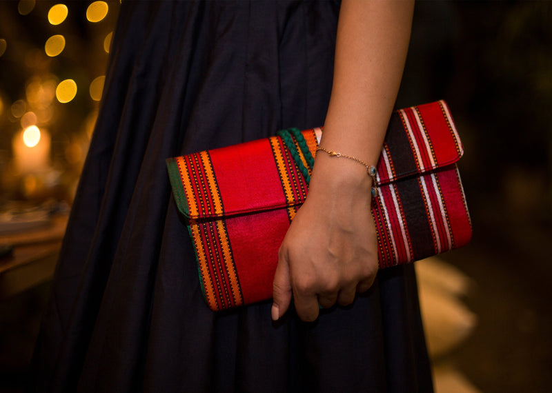 Stripe Flap Clutch- Red & Brown
