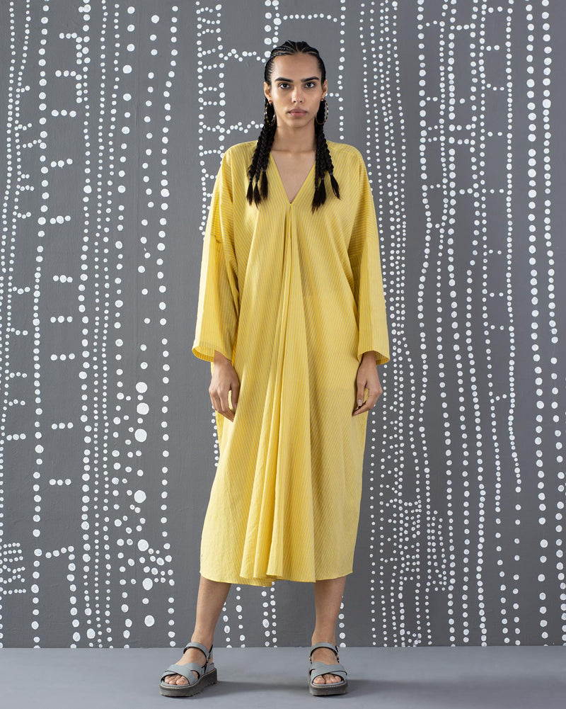 V-Neck Kaftan - Yellow & Grey Stripes