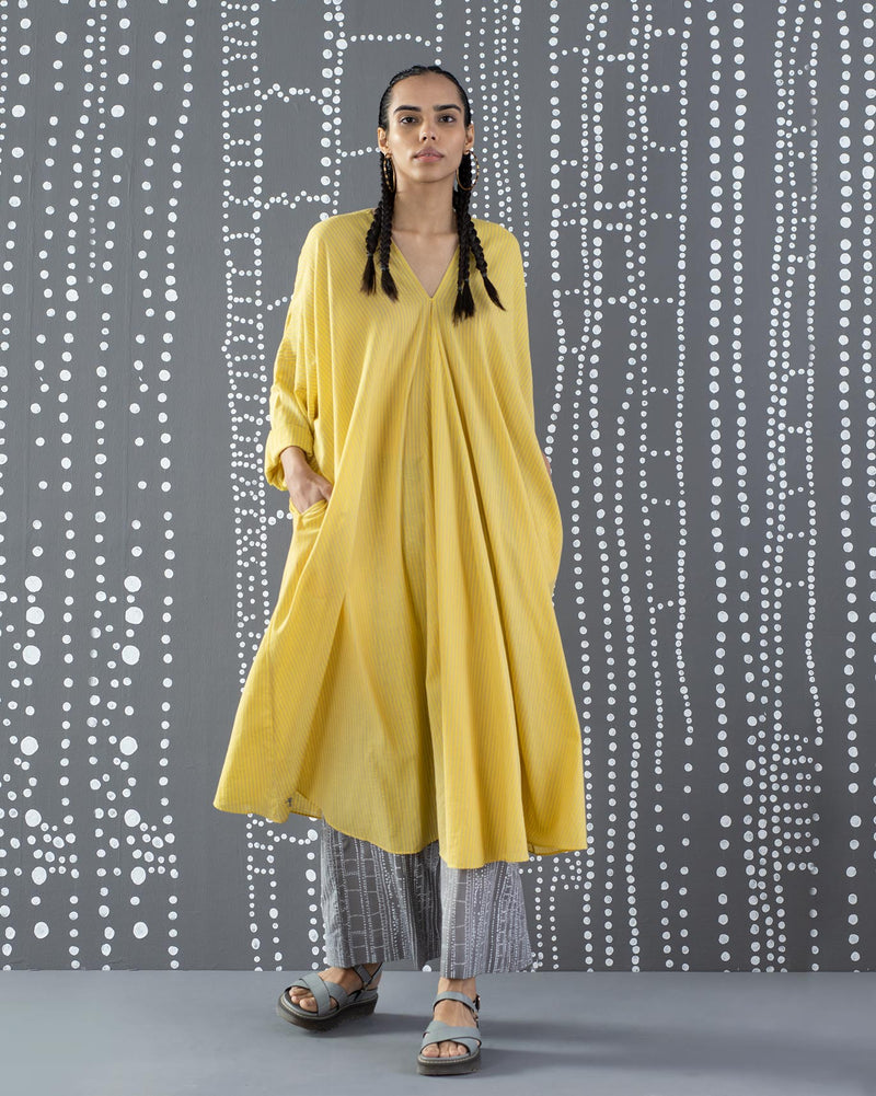 V-Neck Kaftan - Yellow & Grey Stripes