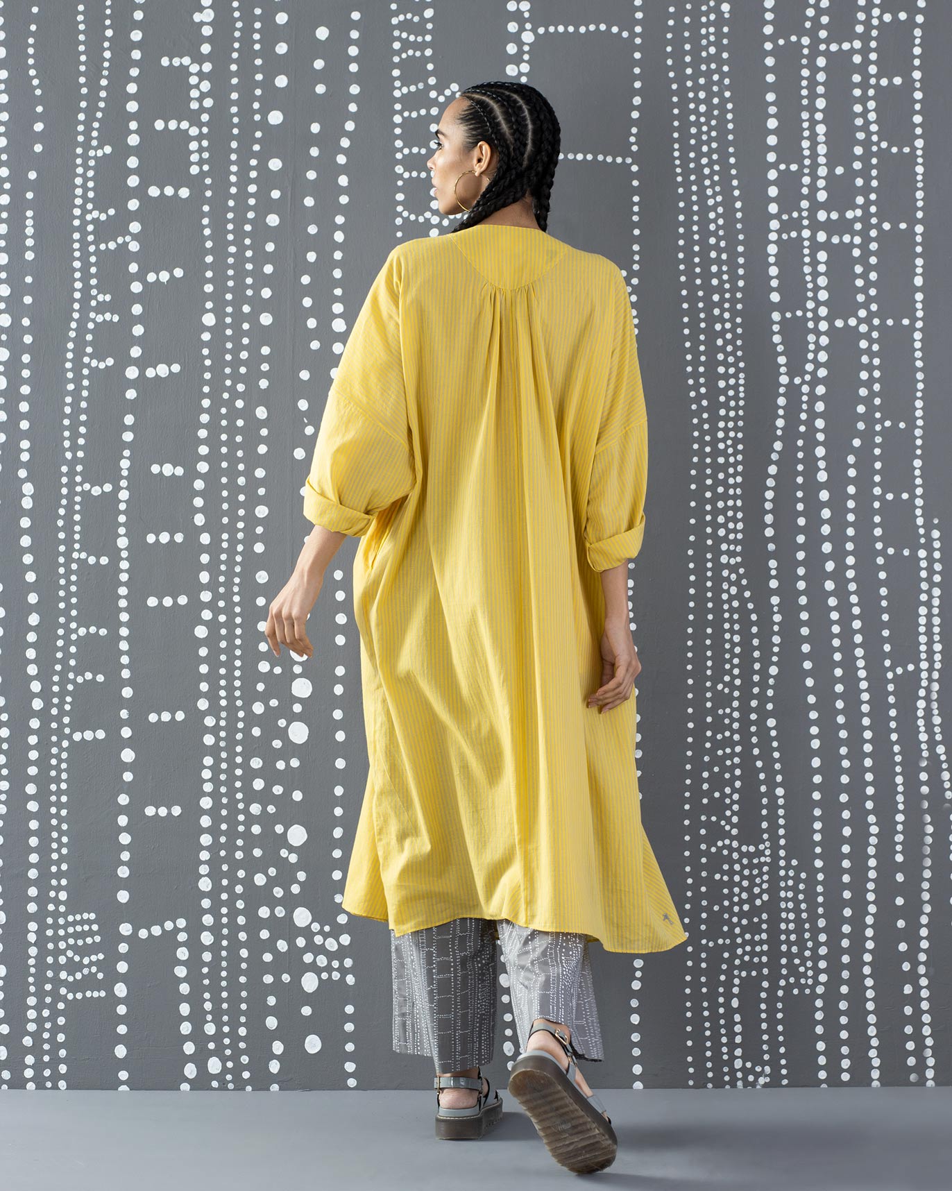 V-Neck Kaftan - Yellow & Grey Stripes