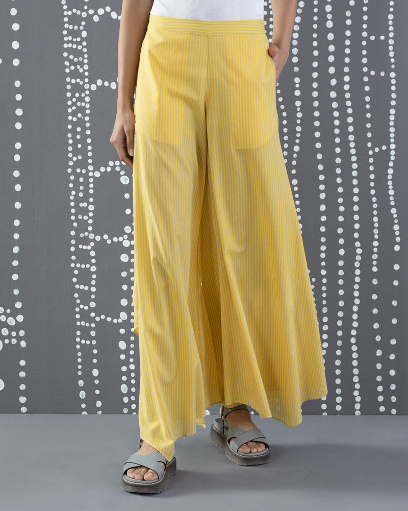 Uneven Hem Stripe Pants - Yellow & Grey