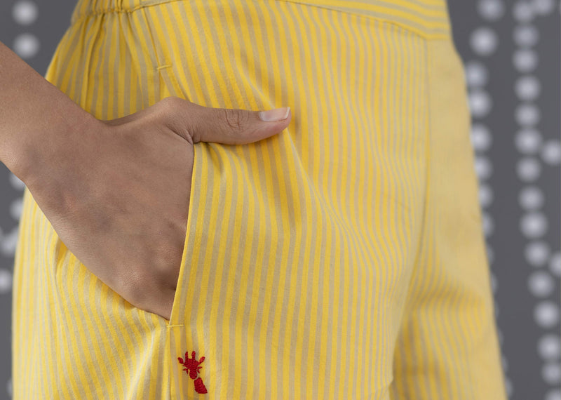 Uneven Hem Stripe Pants - Yellow & Grey