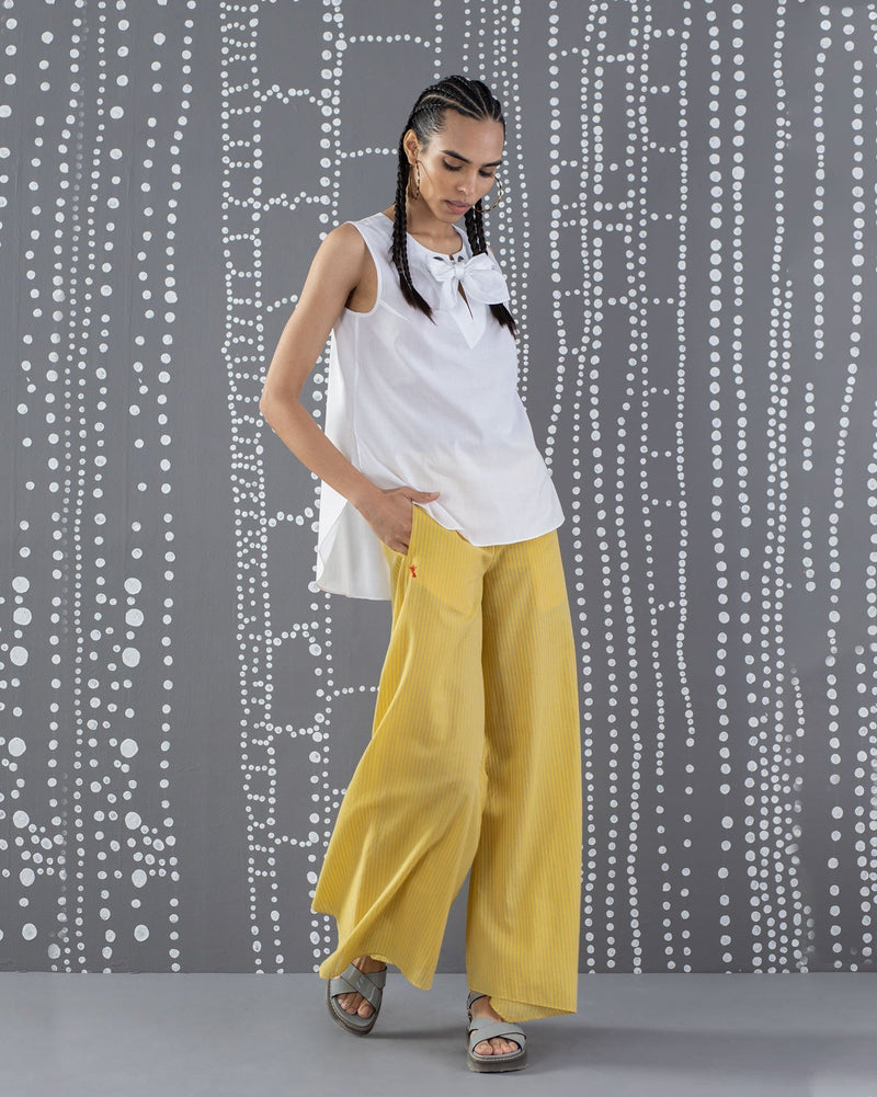 Uneven Hem Stripe Pants - Yellow & Grey