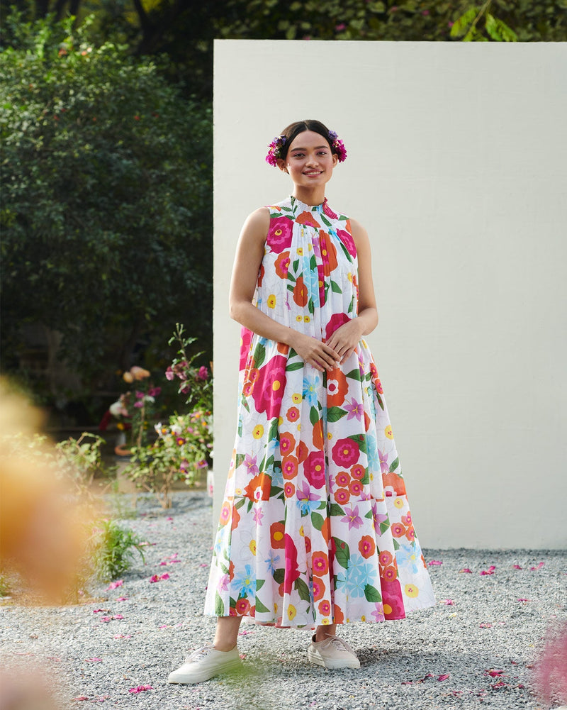 Smocked Neck Dress - Multi Color