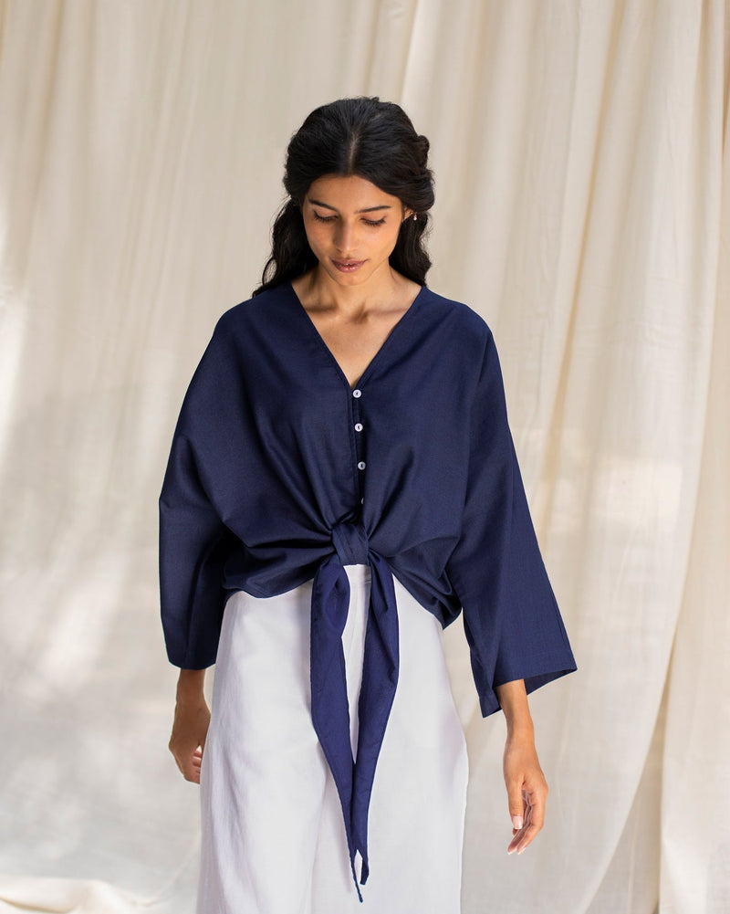 V-Neck Front Knot Top - Indigo