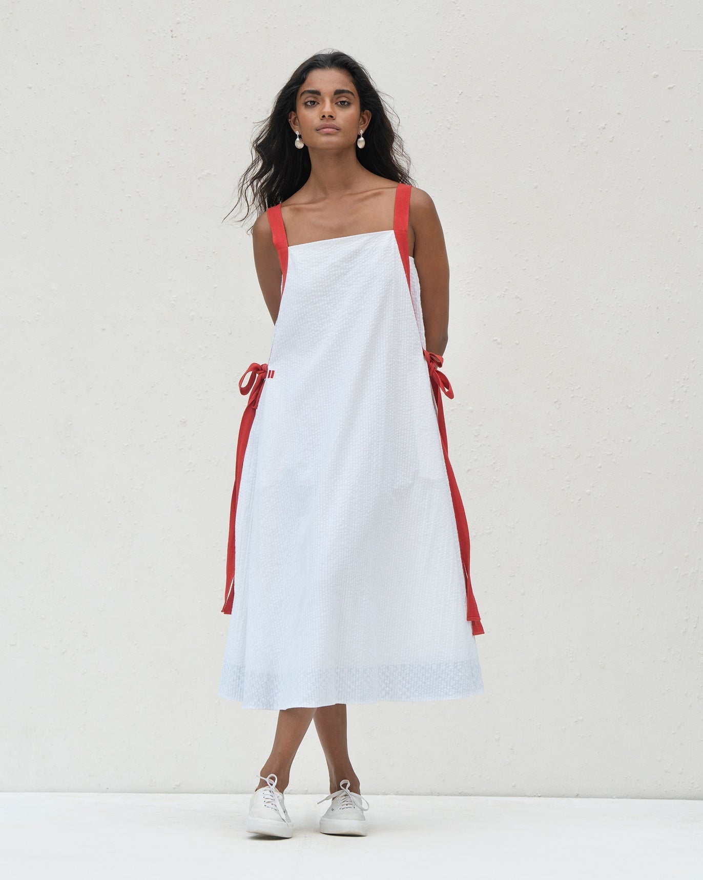 Twill Tape Strappy Dress - White Seersucker