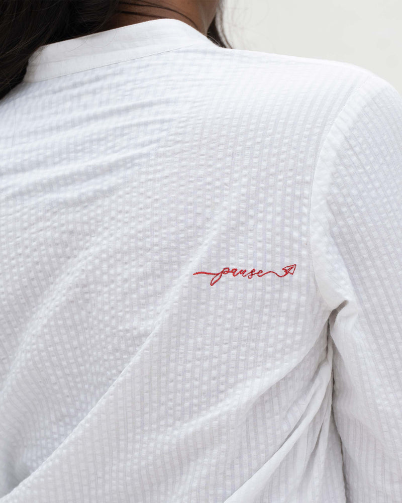 Basic Long Length Kurta - White Seersucker