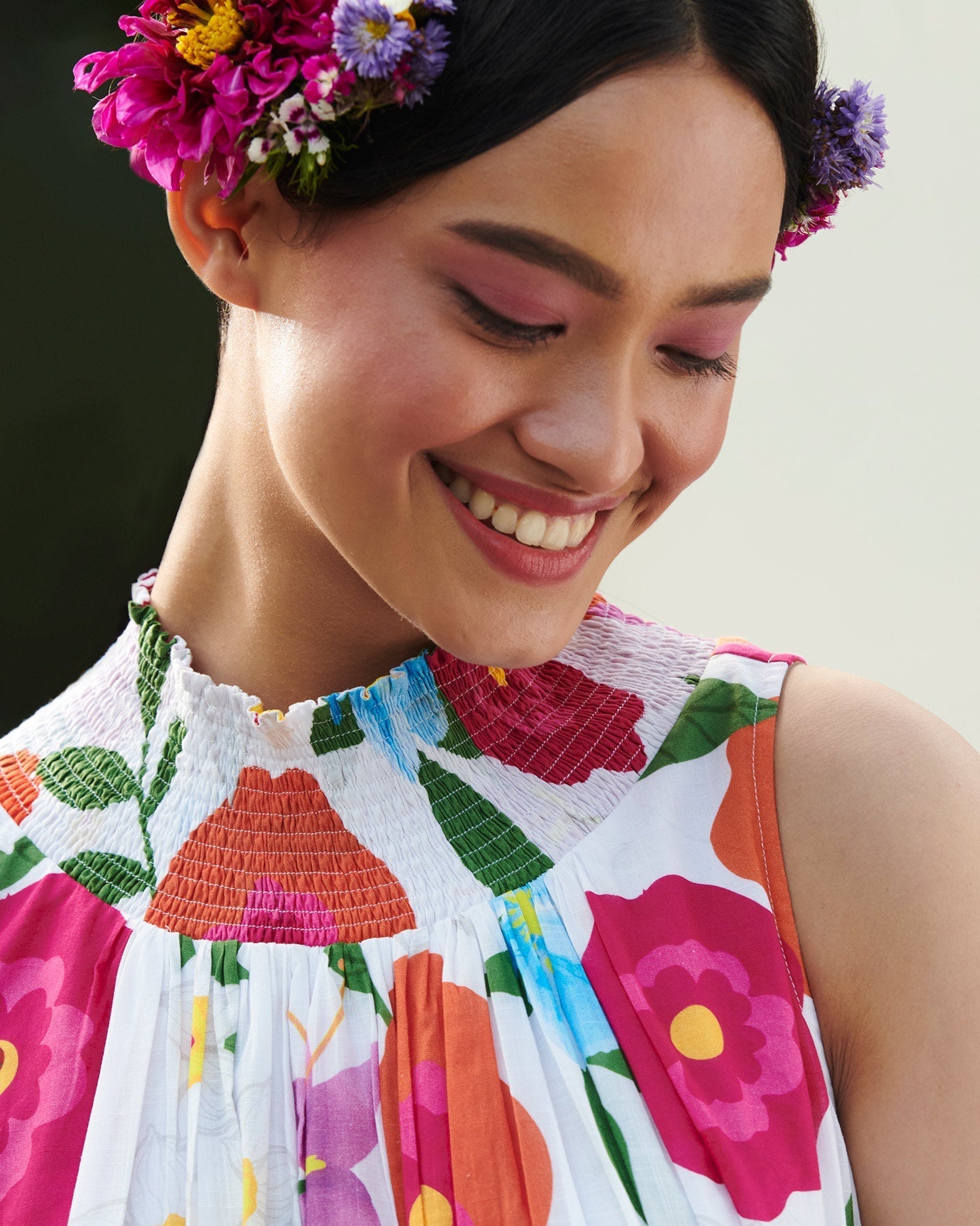 Smocked Neck Dress - Multi Color