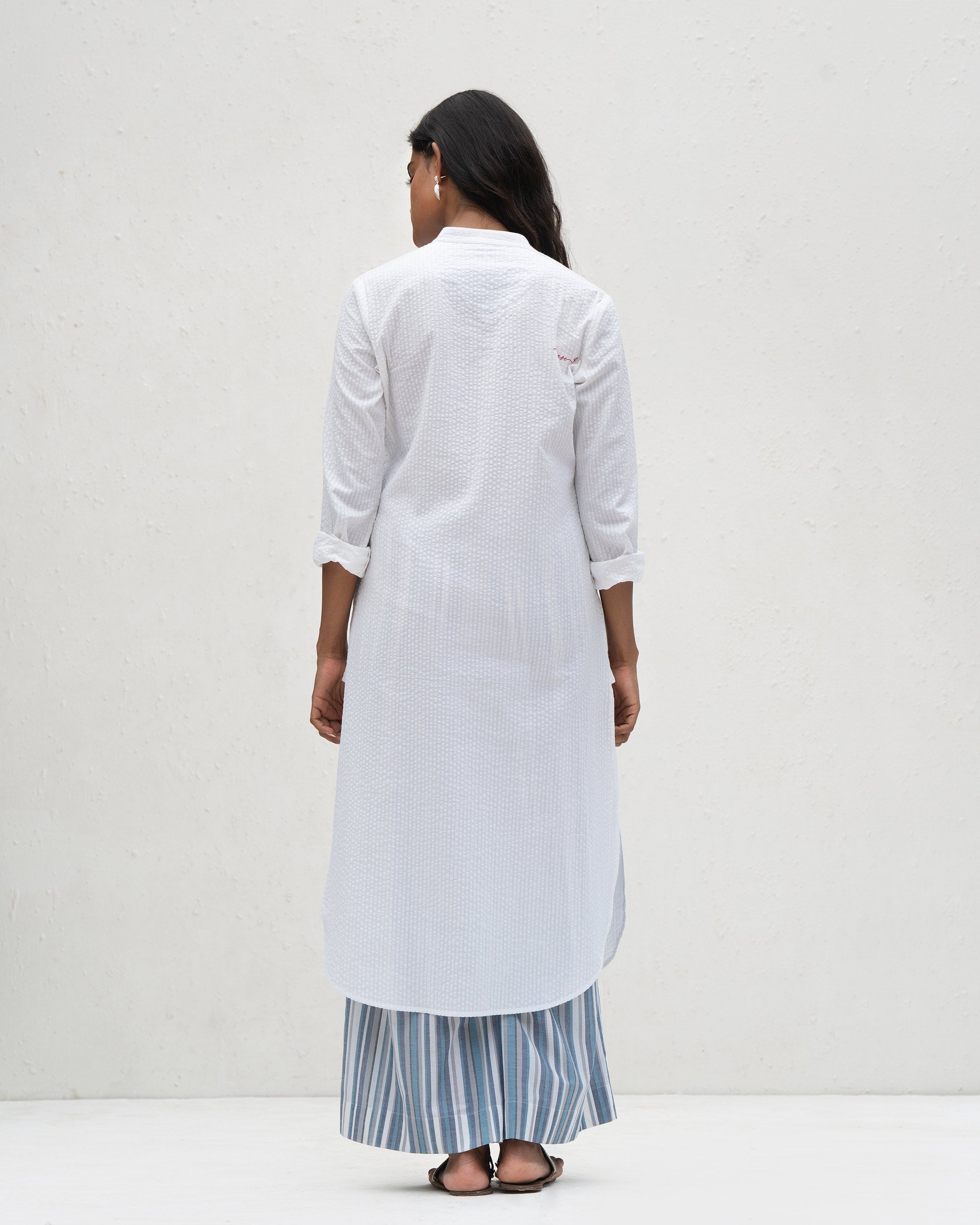 Basic Long Length Kurta - White Seersucker
