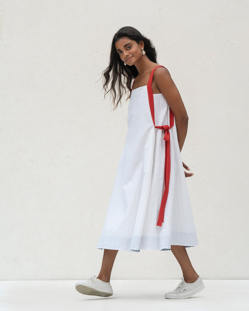 Twill Tape Strappy Dress - White Seersucker