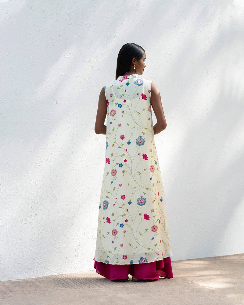 Sleeveless High Neck Kurta with Slip- Ivory