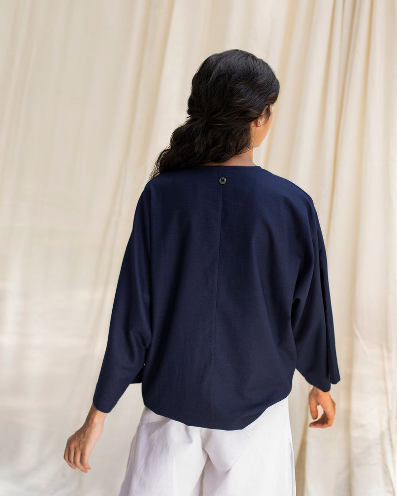 V-Neck Front Knot Top - Indigo