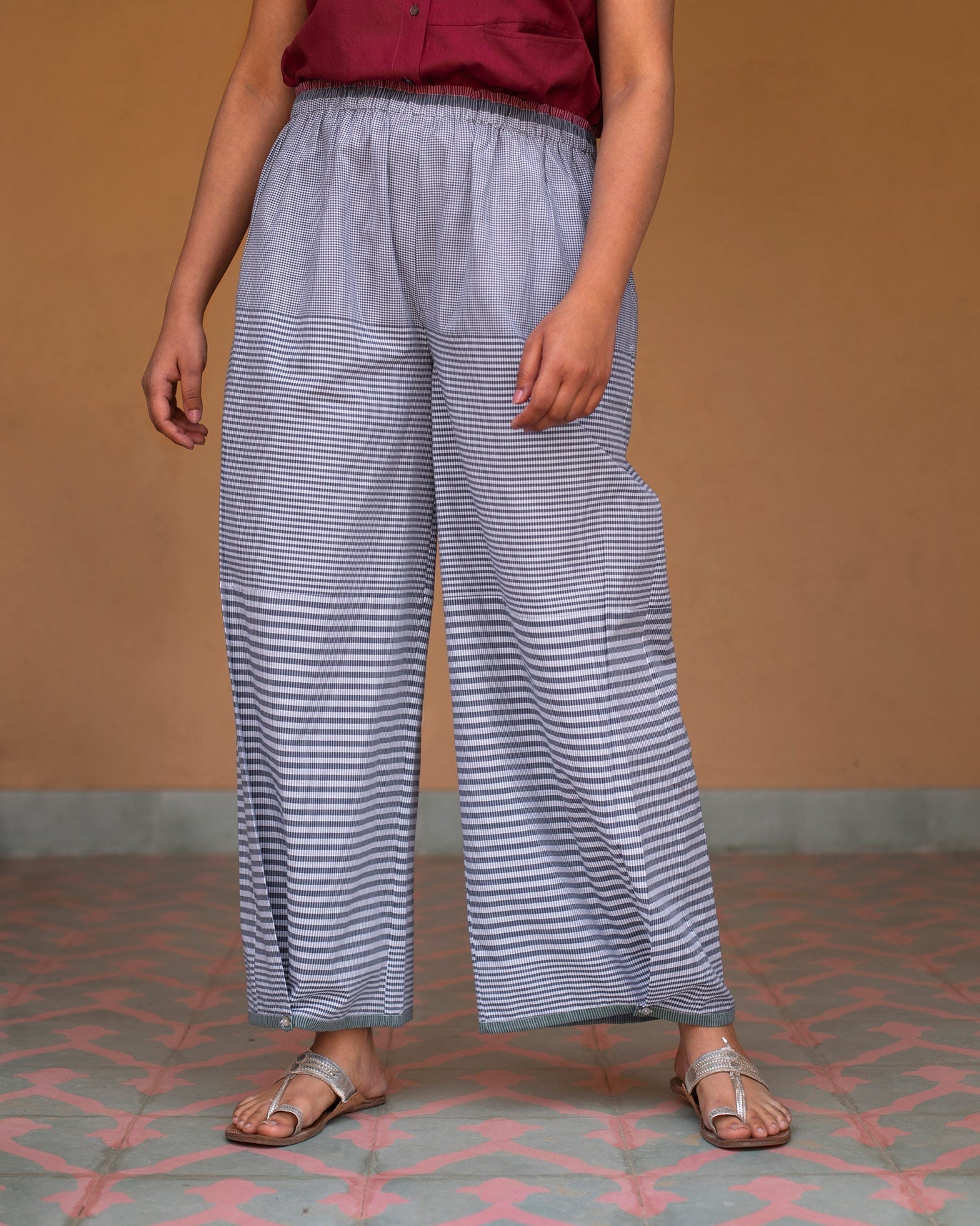 Wide Paper Bag Trousers - Navy & Ivory