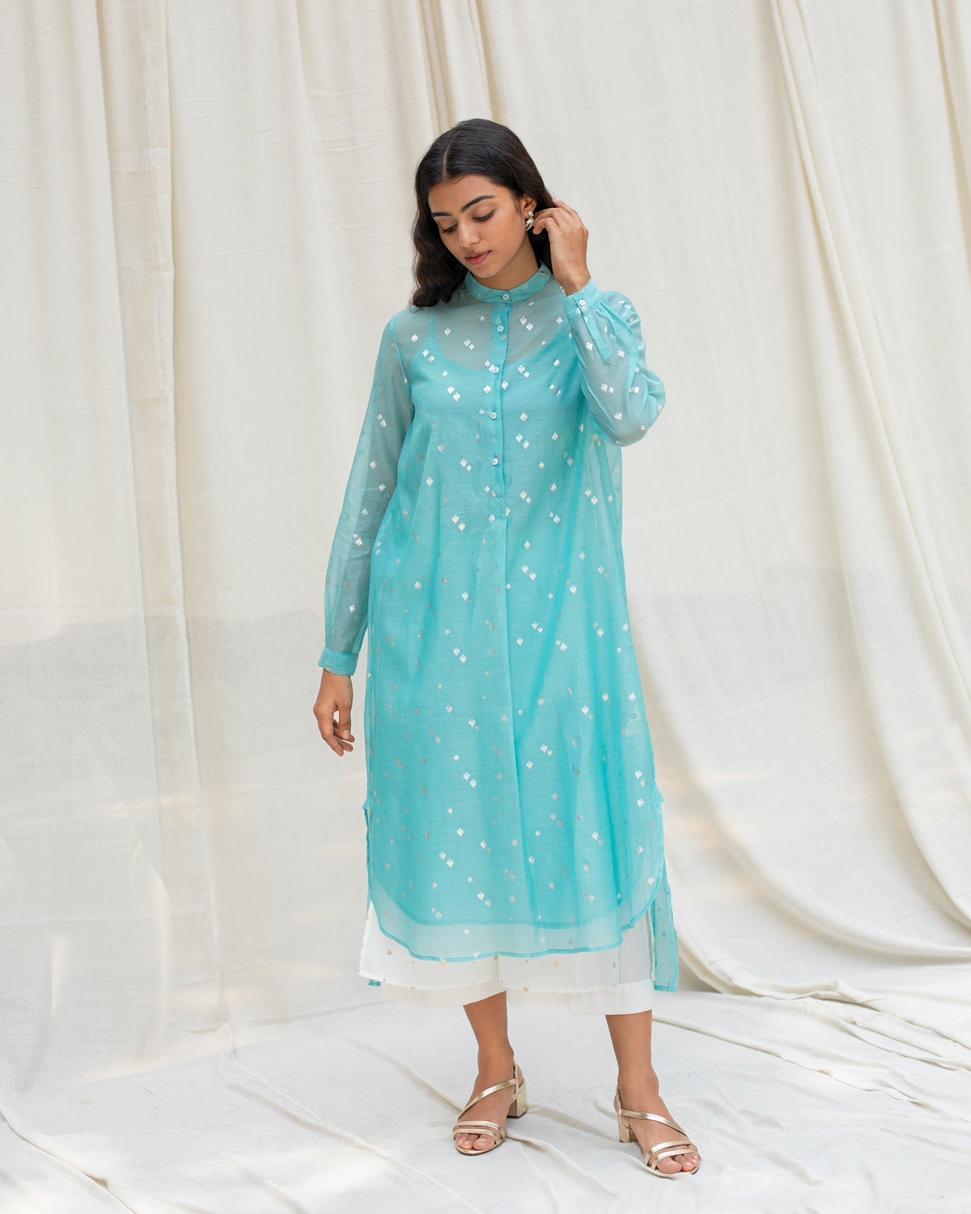 Smock Back Kurta with Slip - Sea Blue