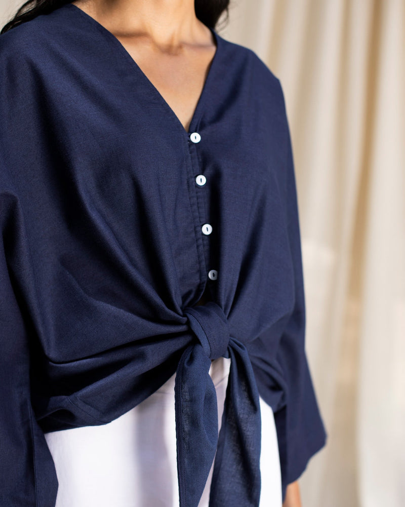 V-Neck Front Knot Top - Indigo