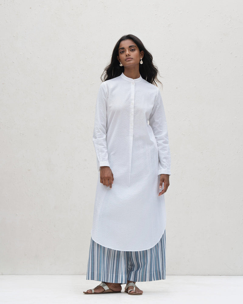 Basic Long Length Kurta - White Seersucker
