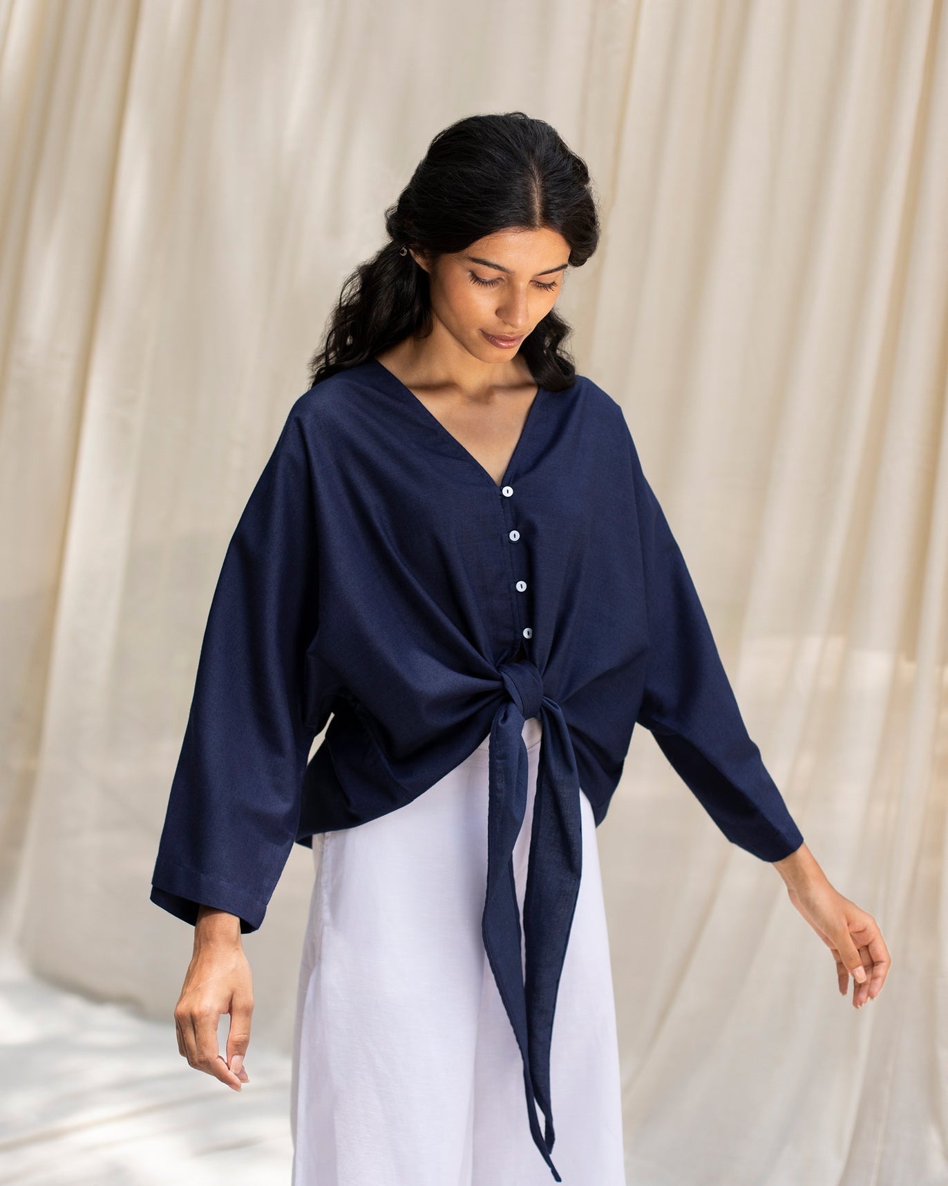 V-Neck Front Knot Top - Indigo