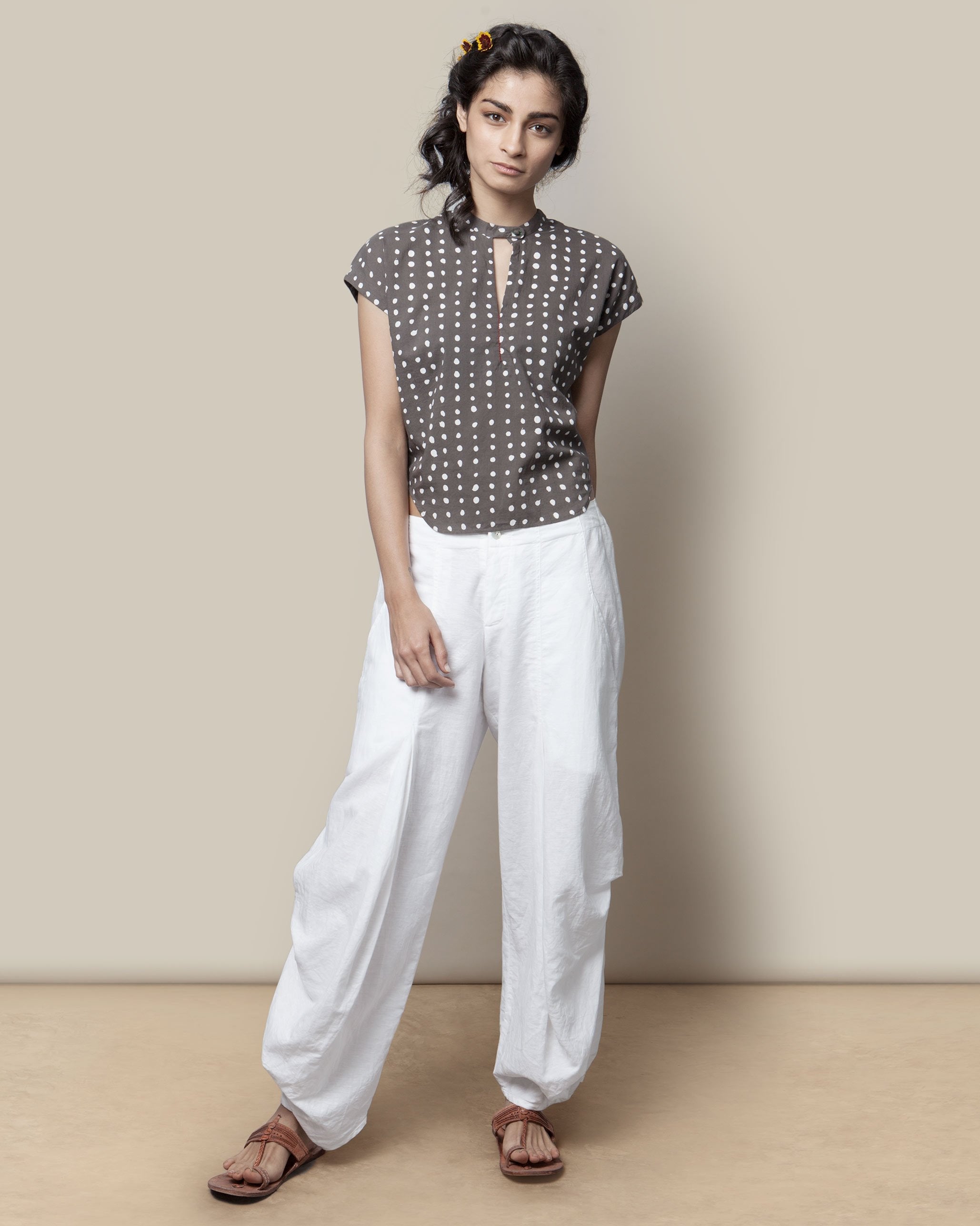Kimono Top - Grey & White Polka
