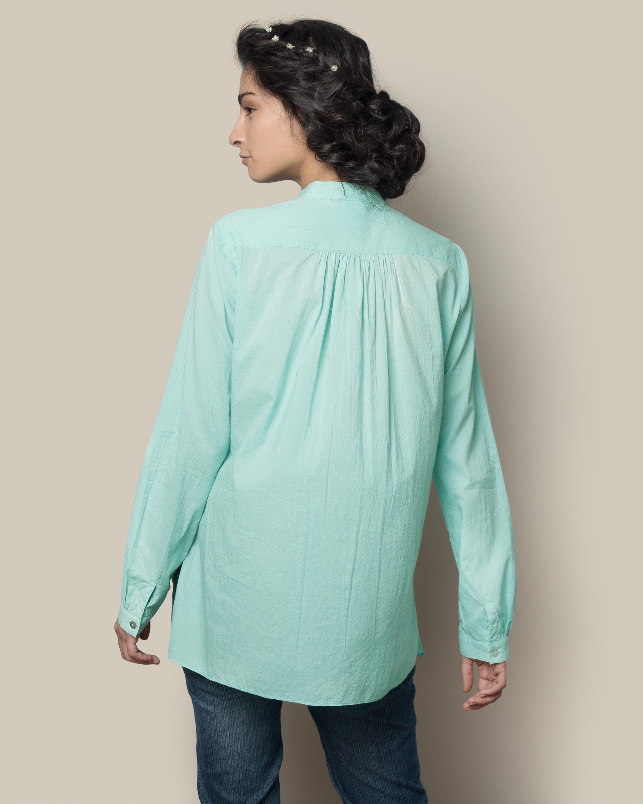 Mandarin Collar Top - Aqua