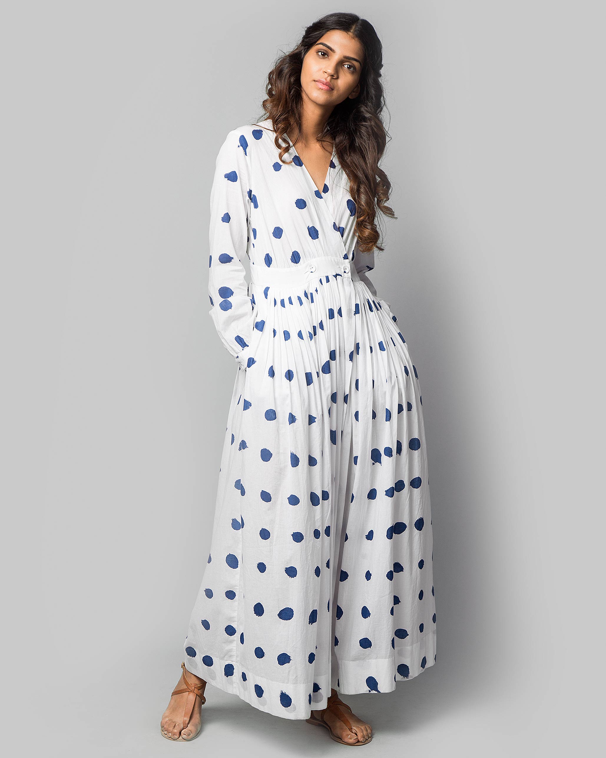 Pleated Wrap Polka Dress - Indigo & White