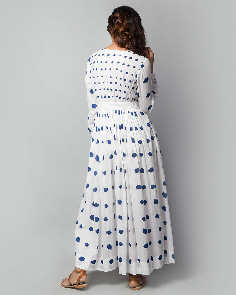 Pleated Wrap Polka Dress - Indigo & White