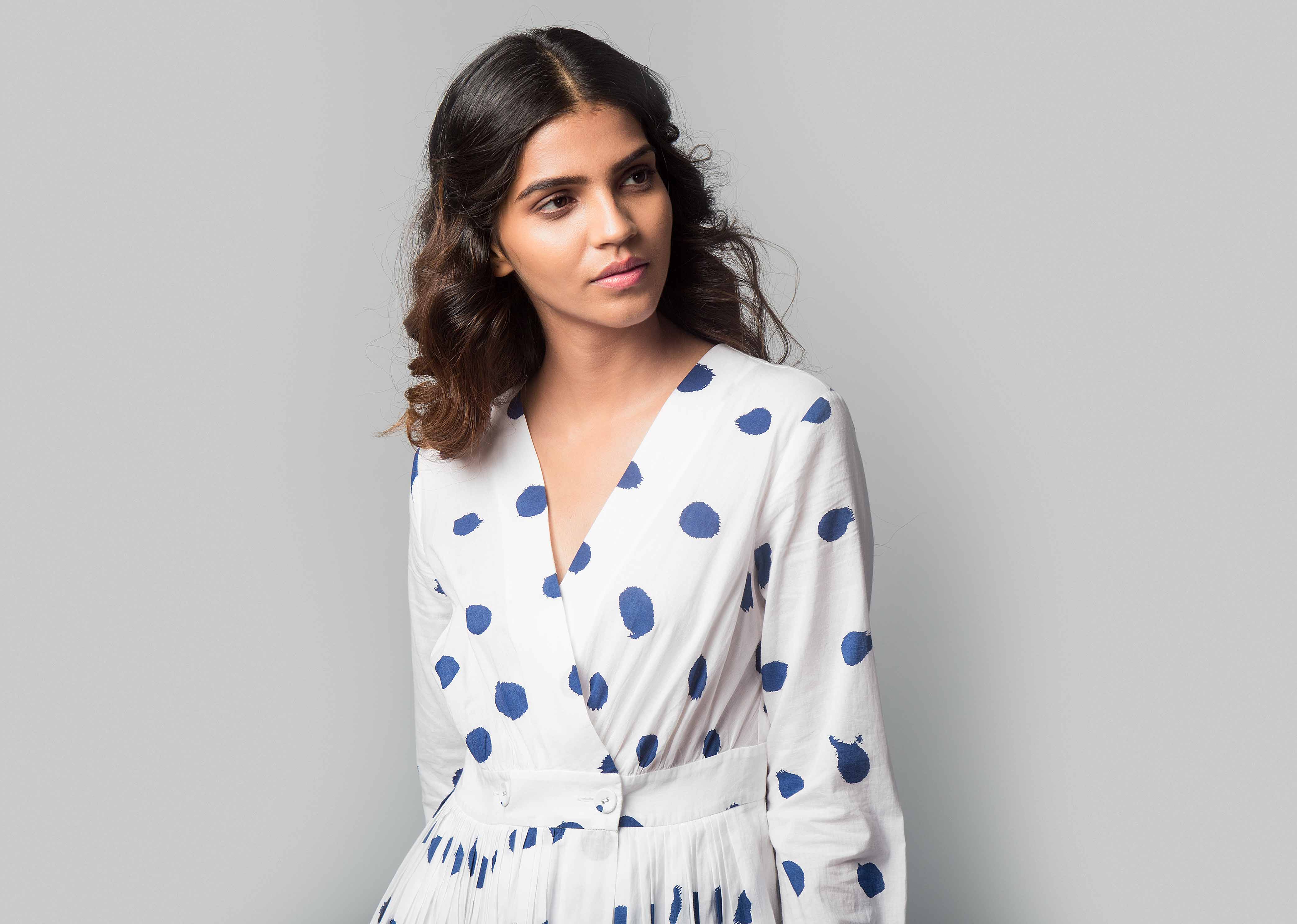 Pleated Wrap Polka Dress - Indigo & White