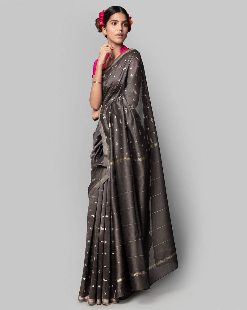 Glowfly Chanderi Sari - Charcoal