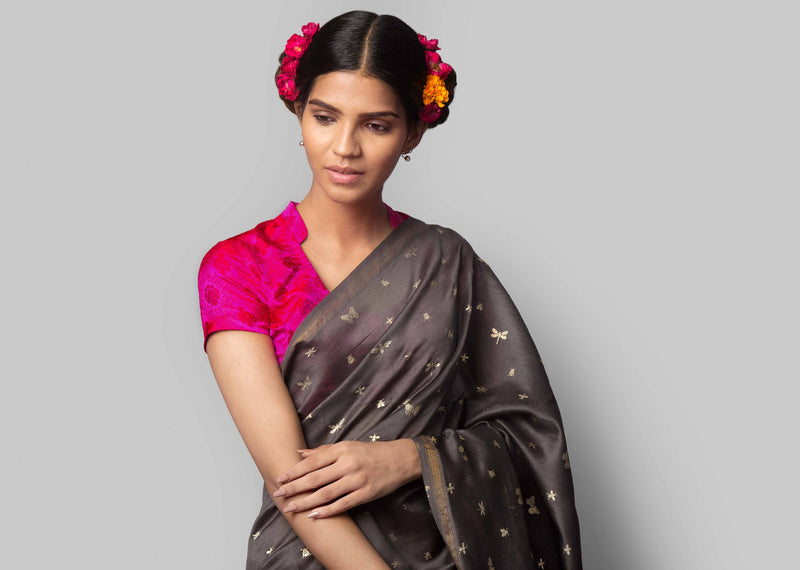 Glowfly Chanderi Sari - Charcoal