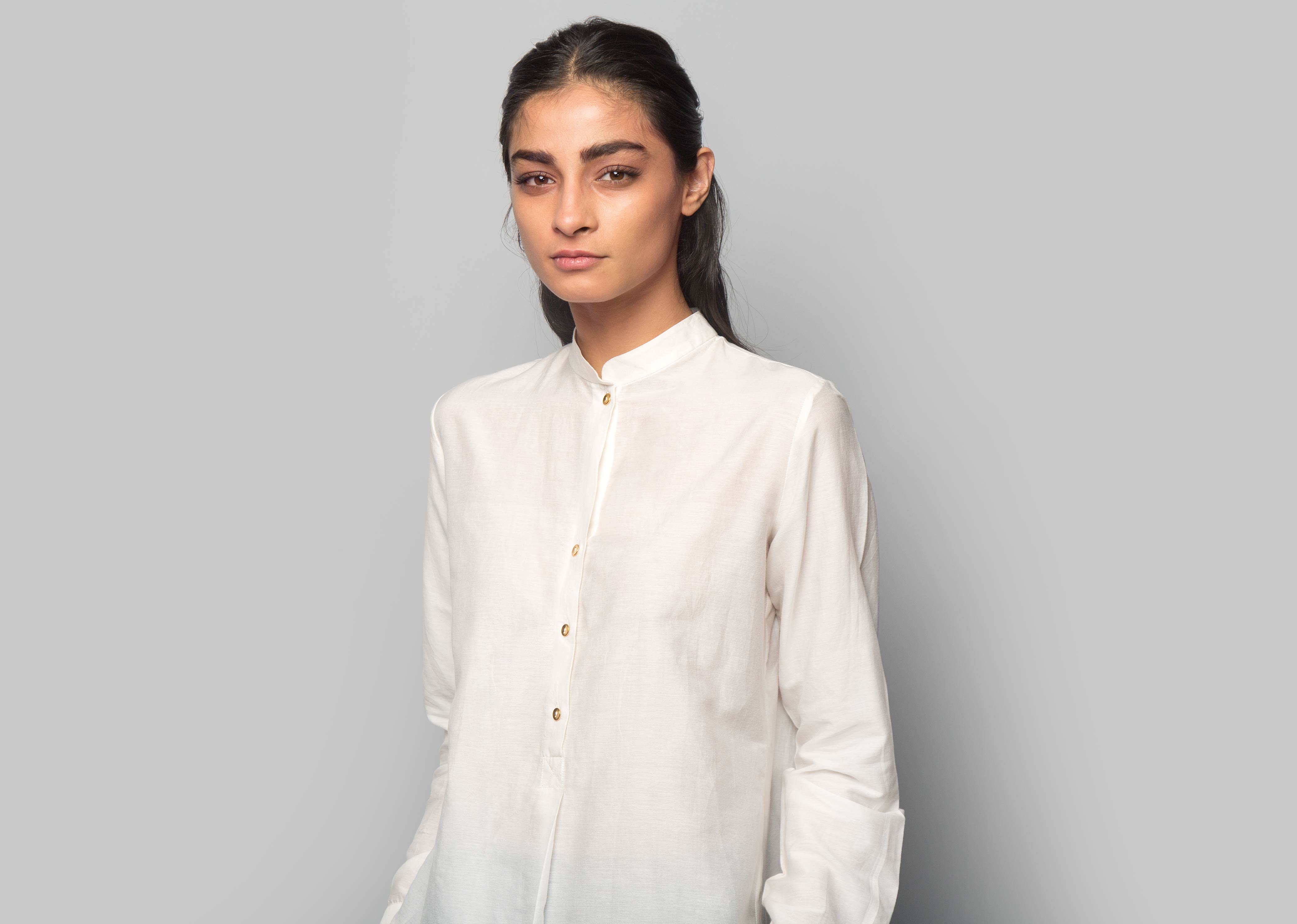Adri Cotton Silk Mandarin Top - Ivory
