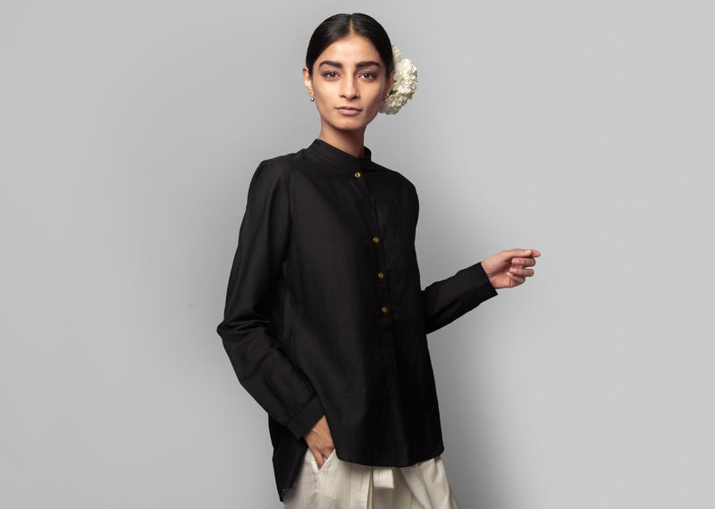 Adri Cotton Silk Mandarin Top - Black