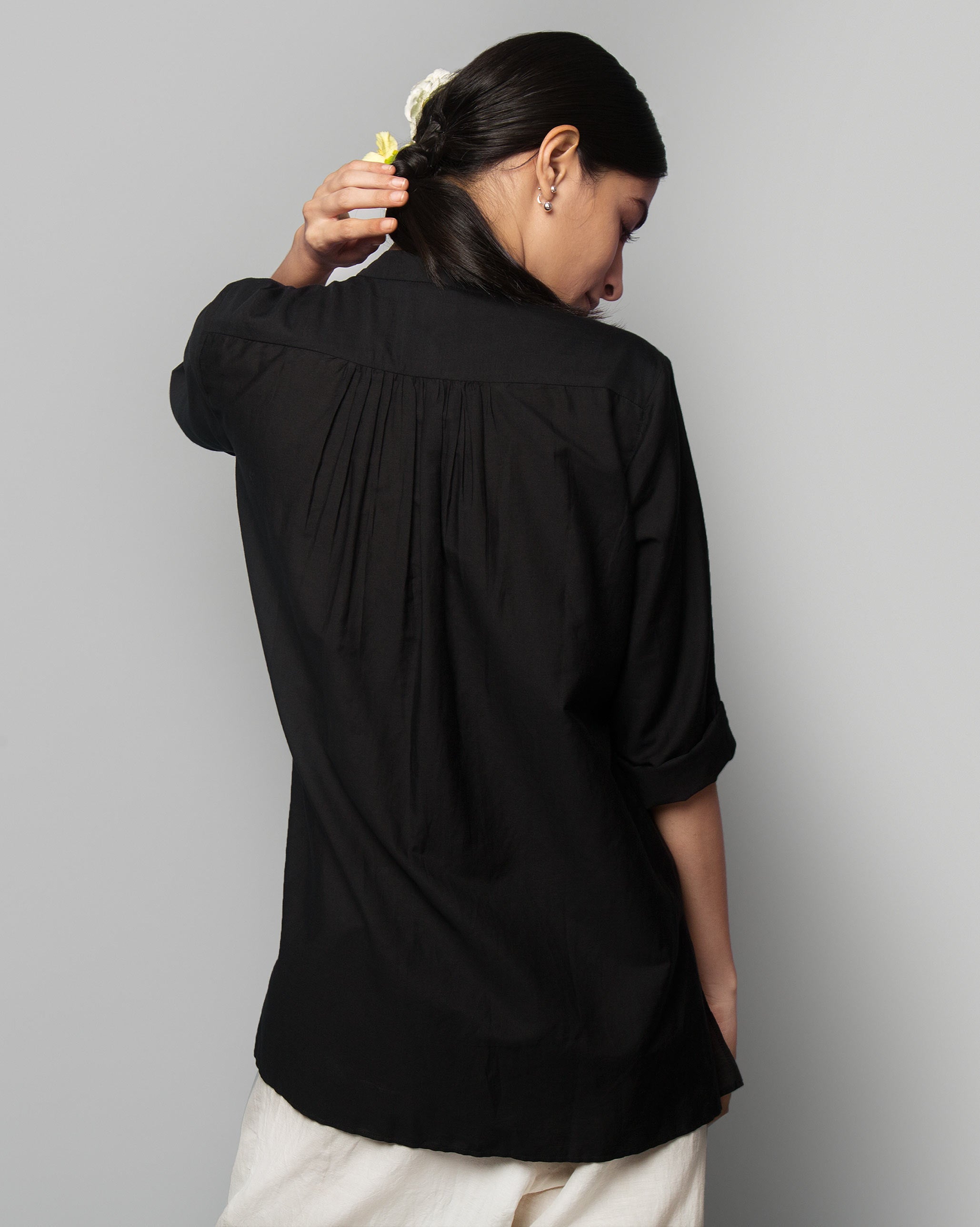 Adri Cotton Silk Mandarin Top - Black