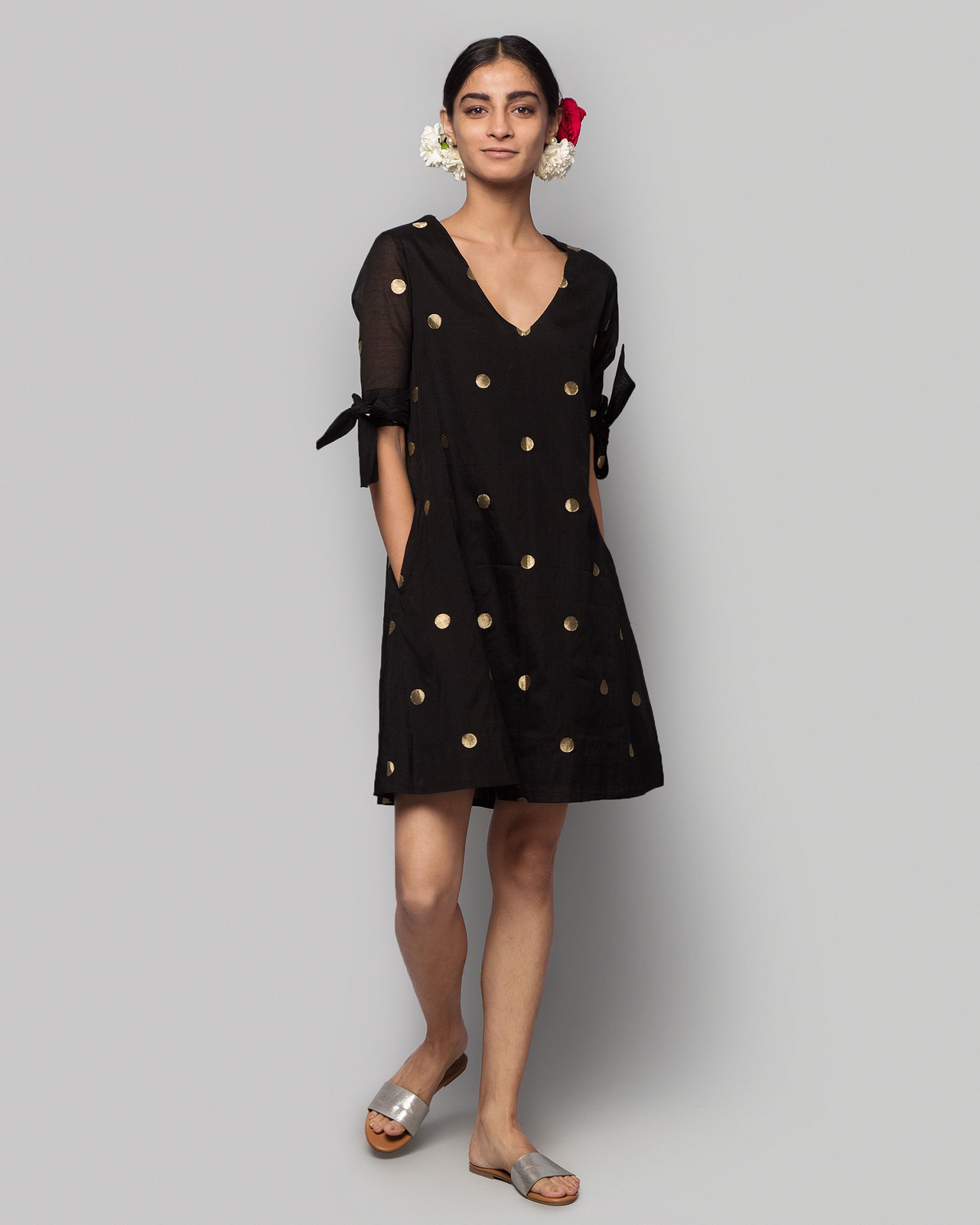 Naos Chanderi A-line Dress - Black & Gold