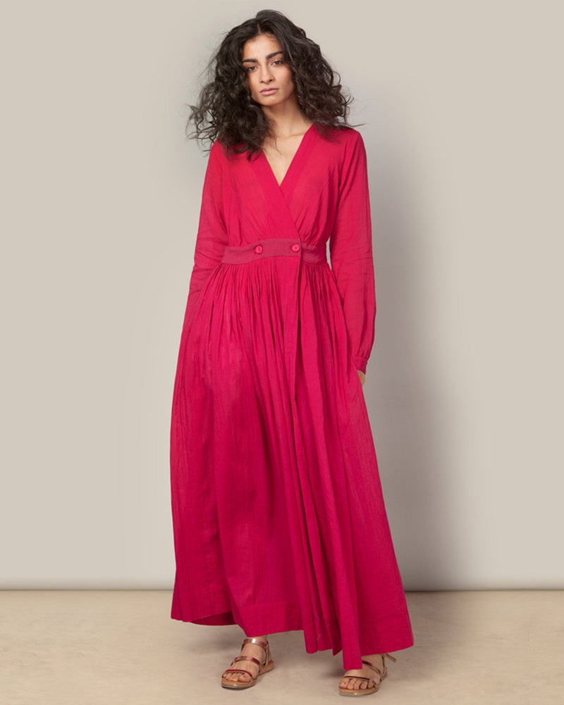 Pleated Wrap Dress - Fuchsia