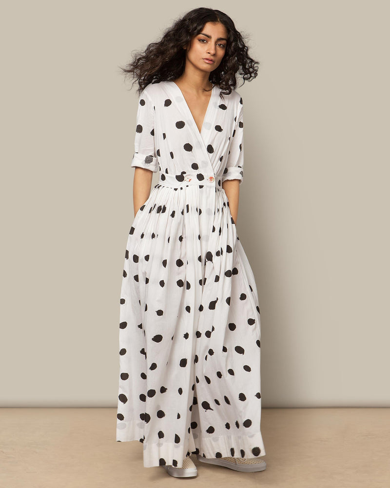 Pleated Wrap Dress - Polka