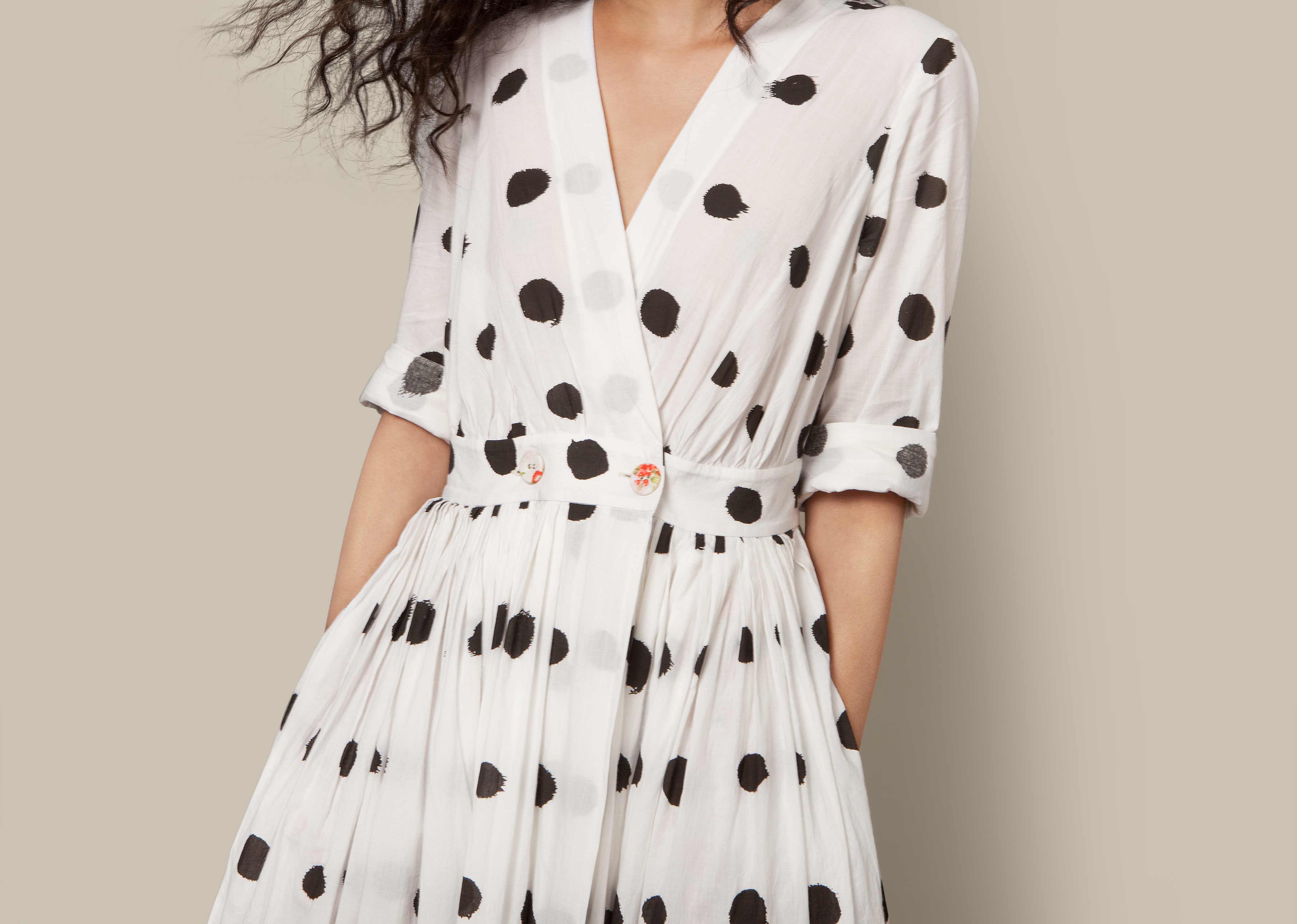 Pleated Wrap Dress - Polka
