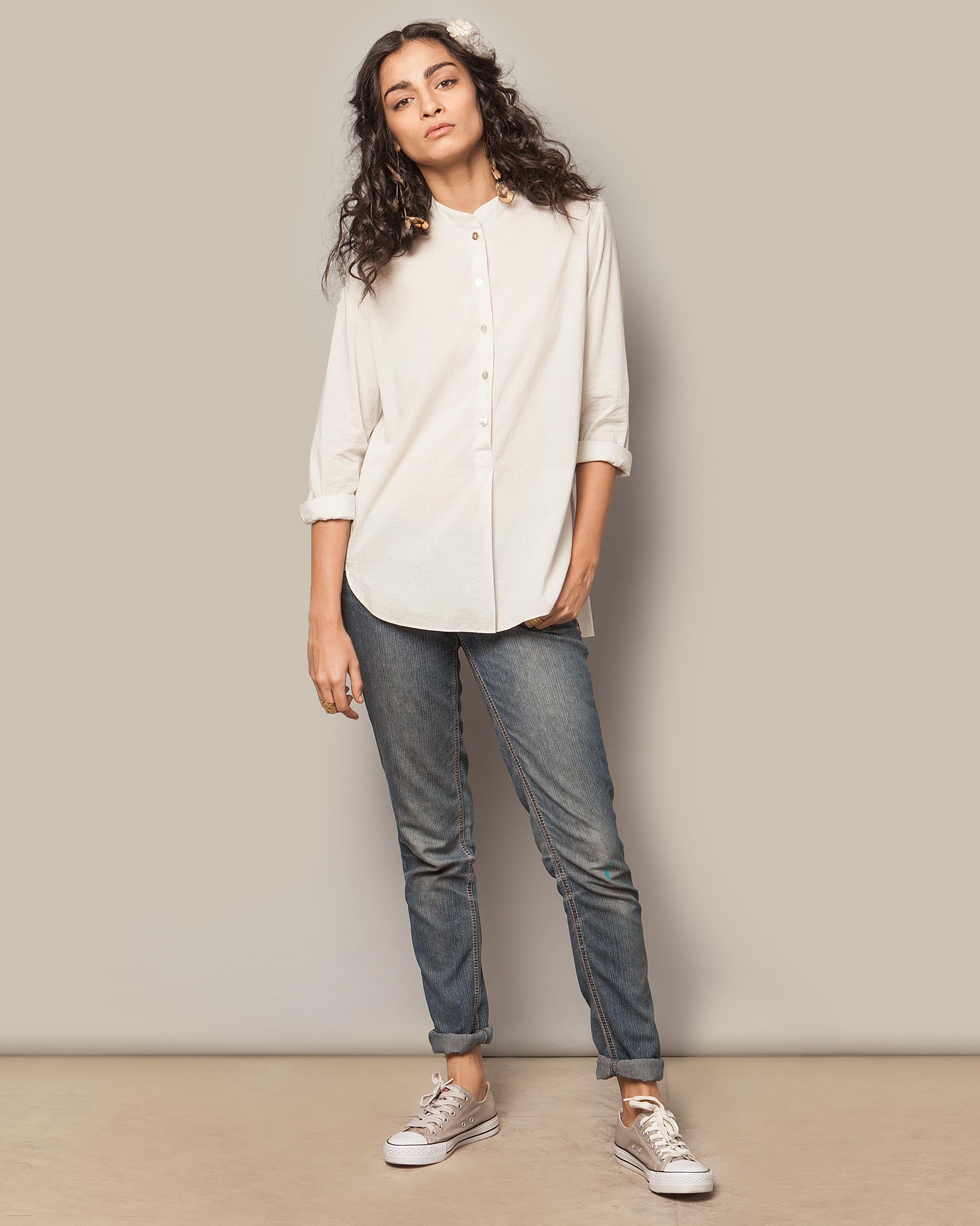 Mandarin Collar Top - Soft Grey