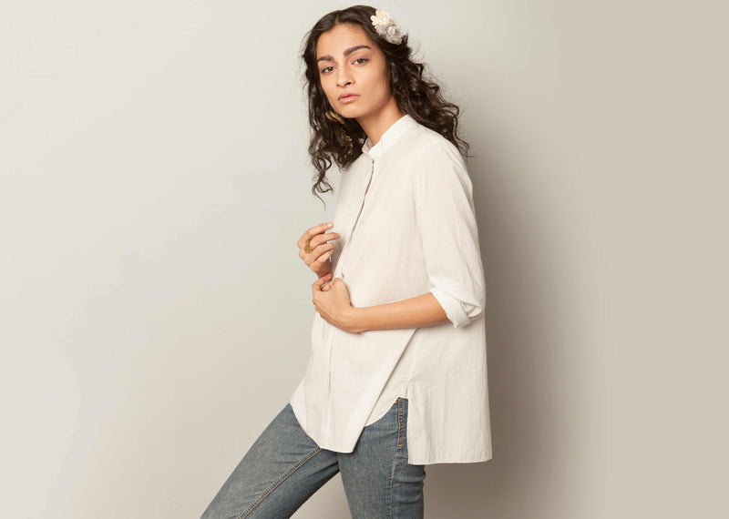 Mandarin Collar Top - Soft Grey