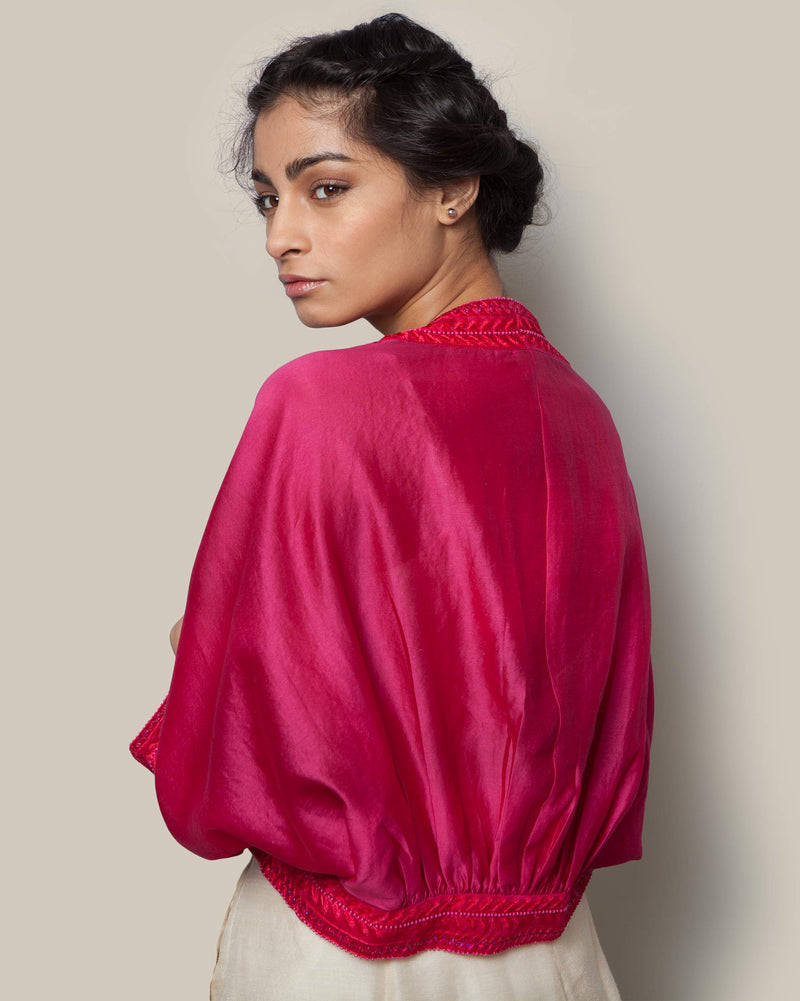 Embroidered Chanderi Jacket - Fuchsia