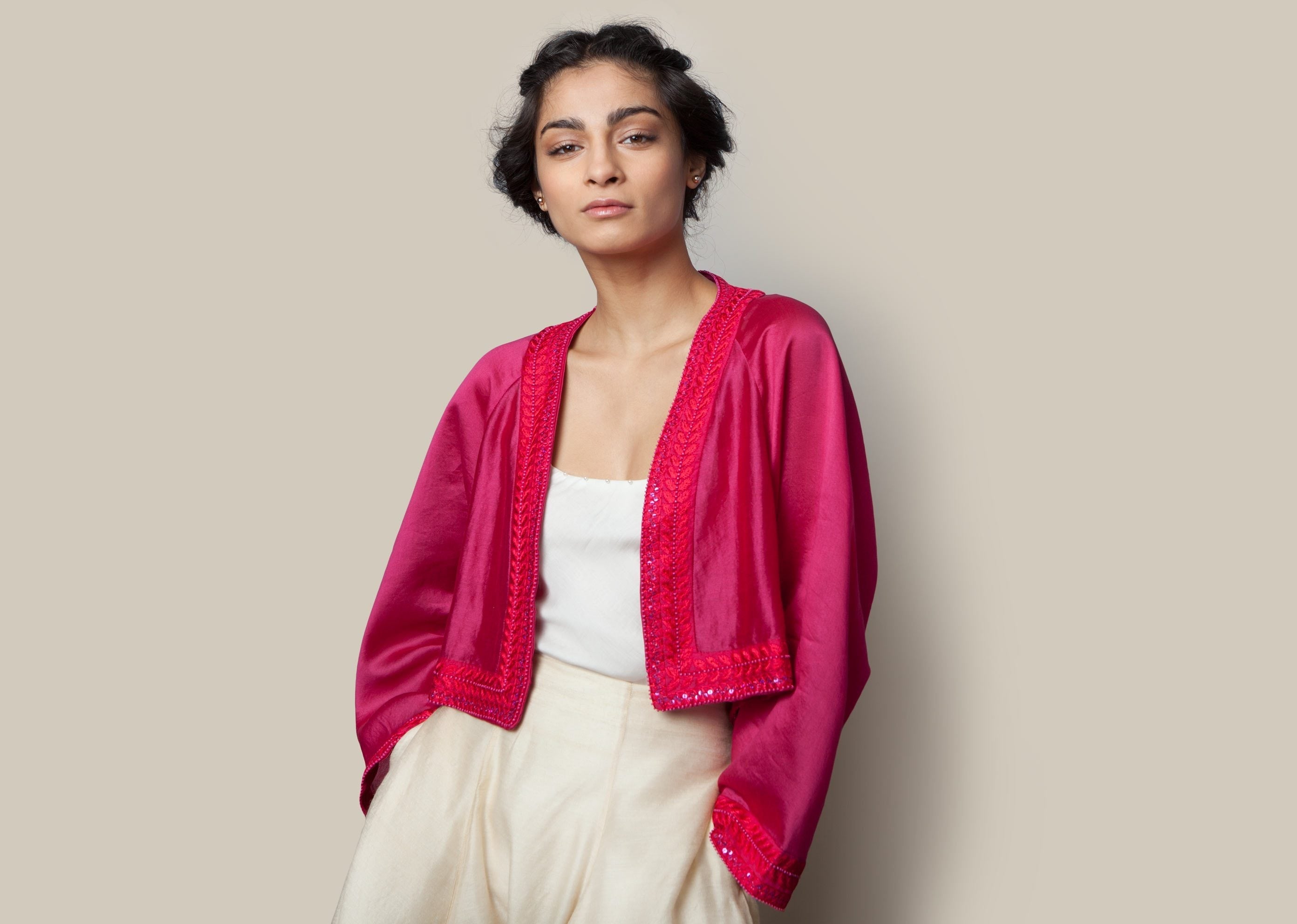 Embroidered Chanderi Jacket - Fuchsia